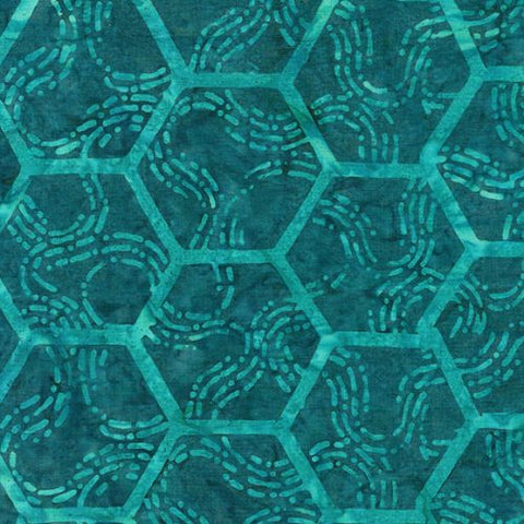 This bright batik is a green turquoise with a hexagonal design and swirl. The hexagons are a lighter turquoise and background is a darker turquoise. 