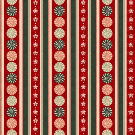 This fabric is covered in peppermint candies. Vertical stripe 100% cotton, 44/45 in. 