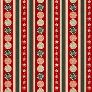 This fabric is covered in peppermint candies. Vertical stripe 100% cotton, 44/45 in. 