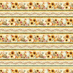 This fabric is by Art Loft for Studio e. This fabric is a border stripe with berries, sunflowers, pumpkins and leaves. The design looks like it was watercolor painted onto the fabric. Beautiful and great for different kitchen or quilting projects. 