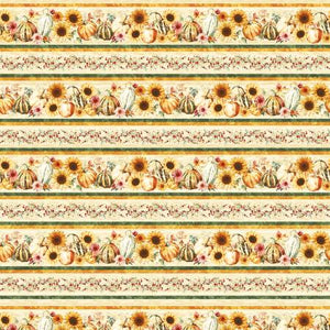 This fabric is by Art Loft for Studio e. This fabric is a border stripe with berries, sunflowers, pumpkins and leaves. The design looks like it was watercolor painted onto the fabric. Beautiful and great for different kitchen or quilting projects. 