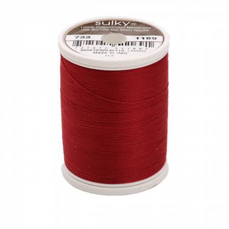 500yds, 30wt, Solid Premier Quality, long staple, highly mercerized Egyptian cotton. Has a matte finish to create a soft, warm, natural look and feel. Sulky 30wt cotton is used for a more delicate look to your work.  Great for topstitching & quilting