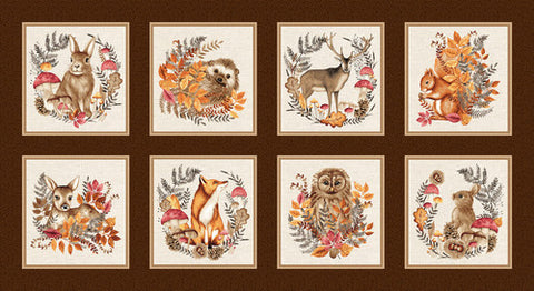 Panel with animals and brown border and foliage around. From the Foliage &amp; Fur Coats Collection by Beth Reed for Studio E Fabrics.&nbsp;