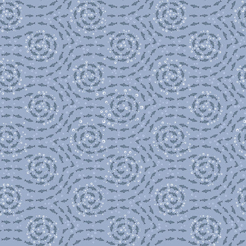 Herrings swim in spirals among a bubbling sea on a blue background. From the Polar Plungers Collection by Beth Reed for Studio E. 100% Cotton, 44/45" wide.