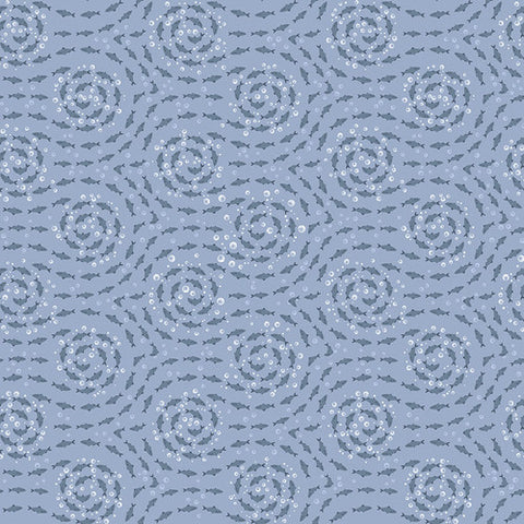 Herrings swim in spirals among a bubbling sea on a blue background. From the Polar Plungers Collection by Beth Reed for Studio E. 100% Cotton, 44/45" wide.