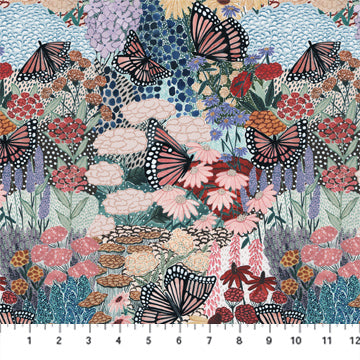 This fabric is from FIGO fabrics and is Rayon. This fabric is covered in bright, bold flowers and monarch butterflies. Beautiful drape to this fabric and would be perfect for garment sewing. 