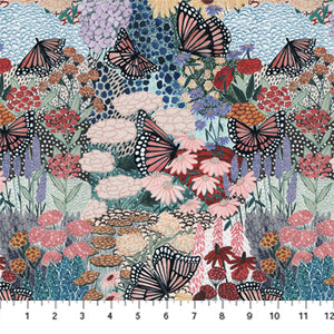 This fabric is from FIGO fabrics and is Rayon. This fabric is covered in bright, bold flowers and monarch butterflies. Beautiful drape to this fabric and would be perfect for garment sewing. 