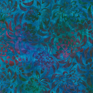 This fabric from Robert Kaufman is a batik with deep turquoise, purple, navy and a little bit of light teal. This batik has a beautiful variation of hues.