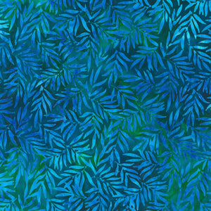 This fabric from Robert Kaufman is a batik with blue, turquoise, teal, green and navy. Covered in leafy branches that could resemble seaweed. This batik has a beautiful variation of hues. From the Artisan Batiks Kapua Collection 