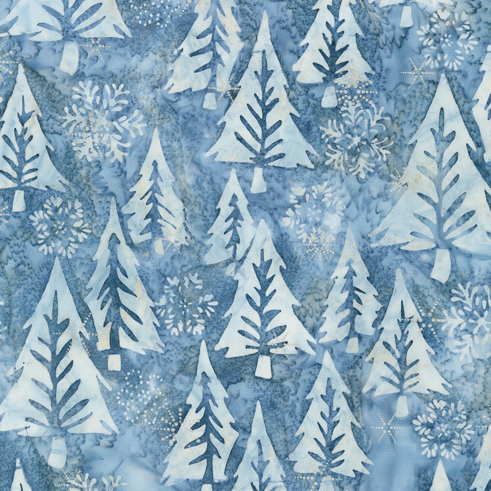 This fabric is a beautiful batik that is blue with trees tossed all over with snowflakes. 100% Cotton, 43/44in