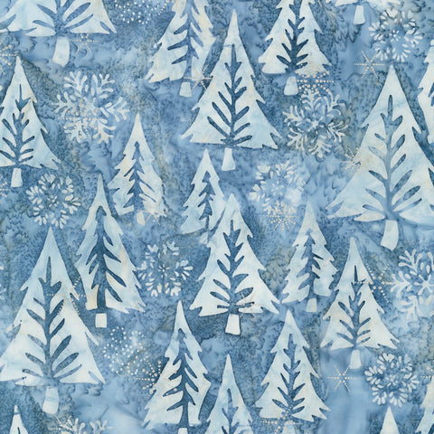 This fabric is a beautiful batik that is blue with trees tossed all over with snowflakes. 100% Cotton, 43/44in