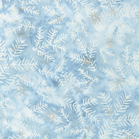 This fabric is a beautiful batik that is a light blue with snowflakes or sprigs covering it. 100% Cotton, 43/44in