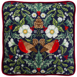 Winter Robins Tapestry&nbsp;by Karen Tye Bentley Kit Includes: Fabric, tapestry wools &amp; stranded cottons, needles and instructions.  Cushion backing and pad are not included. Size:14" x 14" Fabric:Full Colour Printed Interlock Canvas Count:10ct