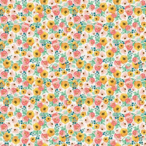 This fabric is from Riley Blake Designs, designed by My Minds Eye for the Spring Gardens Collection. This fabric is a smaller scale print full of bright yellow and pink flowers. Green leaves fill any negative space. 