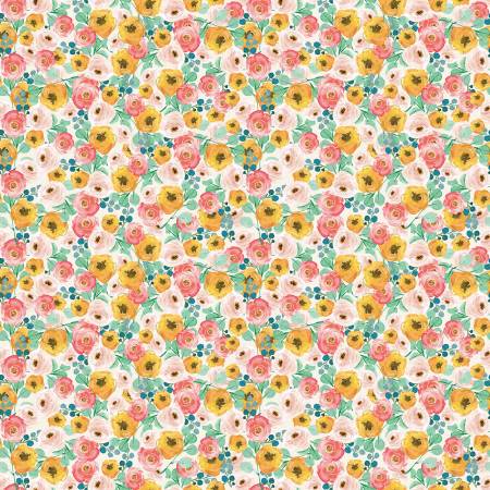 This fabric is from Riley Blake Designs, designed by My Minds Eye for the Spring Gardens Collection. This fabric is a smaller scale print full of bright yellow and pink flowers. Green leaves fill any negative space. 