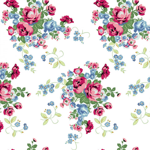 This fabric is from Riley Blake Designs and is designed by Melissa Mortenson for the Tulip Cottage Collection. This fabric is a bright white background with larger scale bouquets all over.&nbsp;