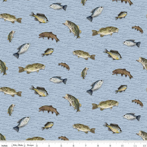 Wake at the Lake by Tara Reed for Riley Blake Designs is great for quilting, apparel and home decor.&nbsp;This print features scattered fish on a water background.