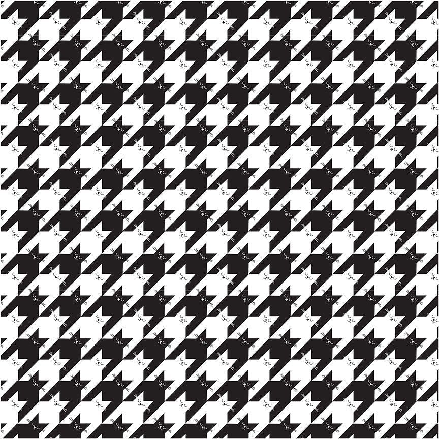 This fabric from Feline Good collection for Timeless Treasure is a kitty print disguised as houndstooth. Black and white fabric, print is medium scale. 