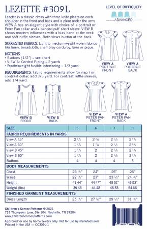 Lezette is a classic dress with three knife pleats on each shoulder in the front and back and a pleat under the arm. VIEW A has an elegant style with a choice of portrait or Peter Pan collar and a banded puff short sleeve. VIEW B shows modern influences with a bias band at the neck and soft ruffle sleeves. Both views button at the back. Available in sizes 6 months - 4 and sizes 5-8.