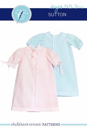 Sutton is a classic day gown for baby. The girl’s view features lace edging around the neck, front facing and sleeves. 