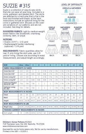 Suzie is a collection of easy-to-sew skirts in sizes 18mo-14 that she can wear all year long. Included is a circle, gathered, and pleated skirt. The skirts are attached to a lined yoke that is flat in the front and finished with elastic at the back. Instructions include an optional lining for the circle or gathered skirt. Blouses on the cover are variations of our patterns and are not included. See thecornerstitch.com blog for details.