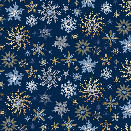 This Christmas inspired fabric is full of snowflakes. These snowflakes are intricate and have different designs. This fabric consists of blues, golds, whites, silvers. 