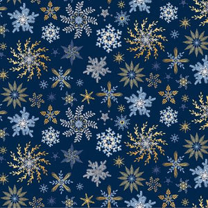 This Christmas inspired fabric is full of snowflakes. These snowflakes are intricate and have different designs. This fabric consists of blues, golds, whites, silvers. 
