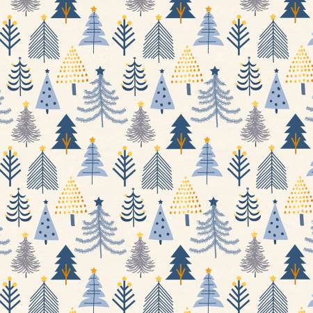 This Christmas inspired fabric is full of Christmas trees on a cream white background. The trees are different and are a variety of blues and gold. 