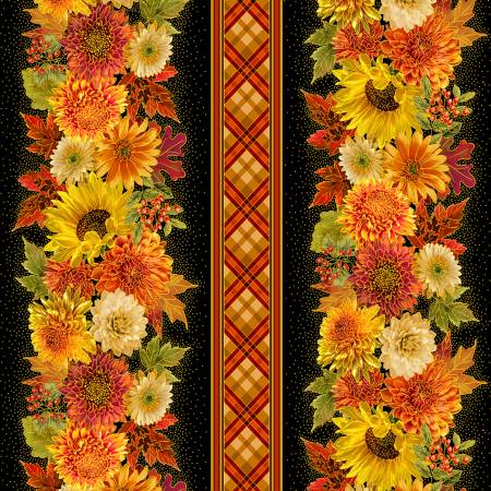 This fabric is a fall stripe with an orange and plaid stripe between the floral stripes. The flowers include sunflowers, mums, berries and leaves. The flowers are over a black background with gold specs. Beautiful and great for different kitchen or quilting projects. 