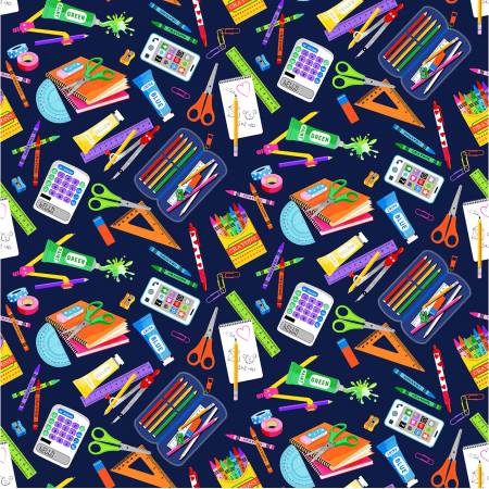 This fabric is full of all different kinds of school supplies on a navy-blue background. Scissors, rulers, erasers, tape, crayons, etc. \