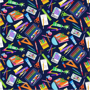This fabric is full of all different kinds of school supplies on a navy-blue background. Scissors, rulers, erasers, tape, crayons, etc. \