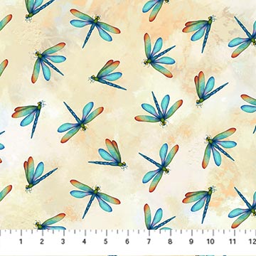 This fabric is covered in colorful dragonflies with rainbow wings on a grunge cream background. This fabric is 100% cotton and is 43"/44" wide. 
