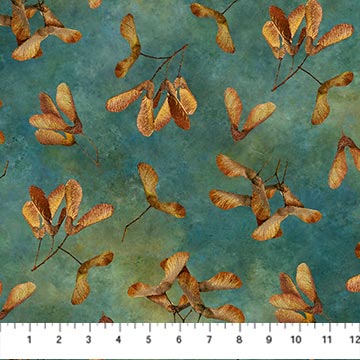  This fabric is from the Stonehenge Autumn Splendor collection for Northcott fabrics designed by Linda Ludovico. This fabric is covered in little maple seeds over a grunge teal and green background. 100% cotton 44"/45"