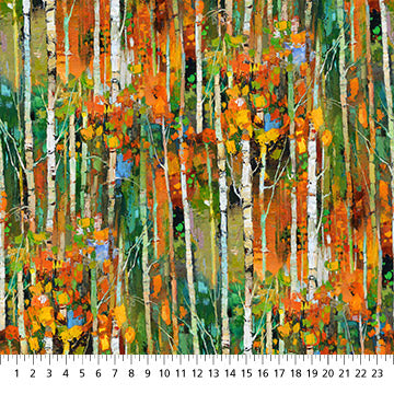 An explosion of fall colors is delicately splashed onto rows of white birch trees as if painted with oil paint. From the Silent Lake Collection by Iosif Derecichei for Northcott Fabrics. 100% Cotton, 44" wide.