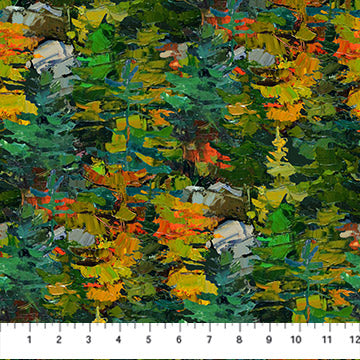Oil paints dabbed onto a dark green background create an abstract forest of evergreens in the changing of the seasons. From the Silent Lake Collection by Iosif Derecichei for Northcott Fabrics. 100% Cotton, 44" wide.