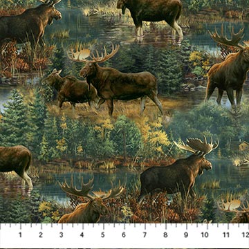 A herd of moose explores a stunningly detailed northern landscape. From the Naturescapes collection by Hautman Brothers Wildlife Art for Northcott Fabrics. 100% Cotton, 44" wide.