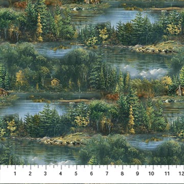 A cozy cottage nestled in a stunningly detailed forest scene. From the Naturescapes collection by Hautman Brothers Wildlife Art for Northcott Fabrics. 100% Cotton, 44" wide.