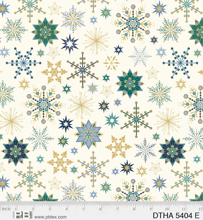 This fabric is from P&amp;B Textiles and is designed by Jennifer Ellory. This fabric features colorful snowflakes tossed all over a cream colored background. Hints of gold, navy and greens.