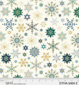 This fabric is from P&amp;B Textiles and is designed by Jennifer Ellory. This fabric features colorful snowflakes tossed all over a cream colored background. Hints of gold, navy and greens.
