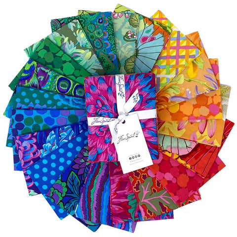 This fat quarter bundle is from Kaffe Fassett for Freespirit. This bundle includes 20 of the classic fabrics in a rainbow assortment of colors. 100% cotton, 20 fat quarters, each fat quarter measures 18" x 21". This collection is a gorgeous mix of vibrant colors with softer complimentary colors. 