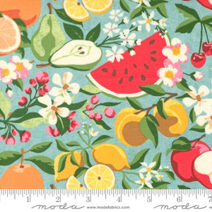 ﻿﻿This bright fabric is covered in fruits and flowers. Fruits consist of oranges, lemons, watermelons, apples, cherries and pears. Bold vivid colors, with a sky-blue background. From the Fruit Loop collection for Moda. 