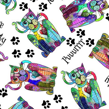 This fabric is designed by Desiree's Designs for QT Fabrics. This fabric has rainbow cats tossed all over a bright white background with paw prints and words. 100% cotton 44"/45"