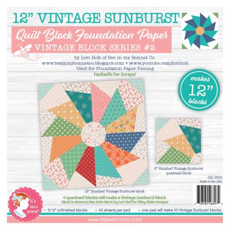 Shed some sunlight on your sewing no matter the season! The Vintage Sunburst Quilt Block Foundation Paper by Lori Holt of Bee in my Bonnet Co. is the second of her Vintage Block series. This printed and shaded foundation paper from It's Sew Emma makes this intricate block a breeze. Pad includes 42 sheets.