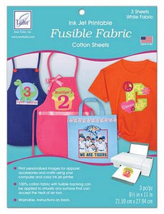 Use these magnificent printable and fusible 100% cotton fabric sheets to personalize totes, aprons pillows and more! Print from your inkjet printer directly onto fabric sheet and press onto your project! 3 Sheets of White Fabric 8.5inx11in each.