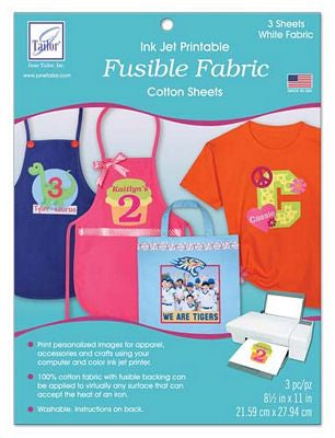 Use these magnificent printable and fusible 100% cotton fabric sheets to personalize totes, aprons pillows and more! Print from your inkjet printer directly onto fabric sheet and press onto your project! 3 Sheets of White Fabric 8.5inx11in each.