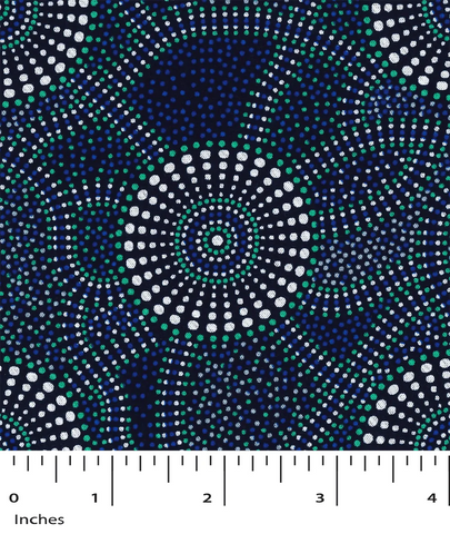 ﻿Roseanne Morton designed this for M&S Textiles. This fabric is 100% rayon. It is 56" wide. This fabric has deep colors, almost jewel tones, with blues, greens, whites and blacks. 