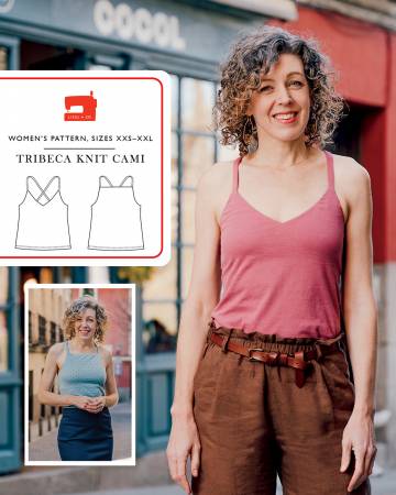 This pattern is designed for knit fabrics with at least 25% stretch. It includes two close-fitting cami styles with a built-in bra for support and shaping. View A is a V-neck cami while View B has a higher bateau-style neckline. Both have 1/2" straps that cross in the back. This pattern includes a special strap-sewing technique to make flat stretchy straps with no twisting.