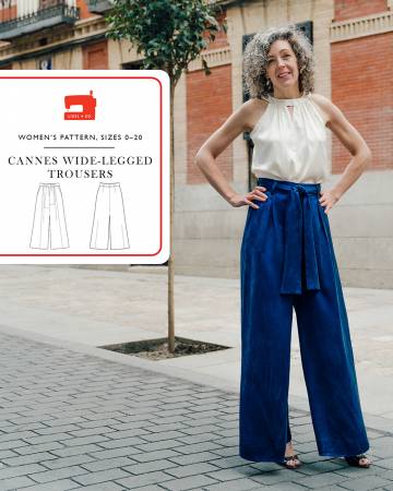 These classic high-waisted, pleated-front, ultra-wide-legged trousers include a zipper fly, slanted pockets, back darts for shaping, belt loops, and a sash. They can go from day to night with glamour and elegance, and they look good on all body shapes. Sew them in a drapey fabric so they billow and move with you.
