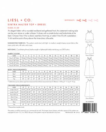 An elegant halter with a rounded neckband and gathered front, this statement-making style can be worn alone or under a blazer. It closes with a simple button and buttonhole at the back. Choose View A for a classic seamless-front top, or select View B with a peekaboo V-slit neckline and a flowy above-the-knee dress silhouette.