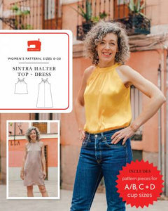 An elegant halter with a rounded neckband and gathered front, this statement-making style can be worn alone or under a blazer. It closes with a simple button and buttonhole at the back. Choose View A for a classic seamless-front top, or select View B with a peekaboo V-slit neckline and a flowy above-the-knee dress silhouette.